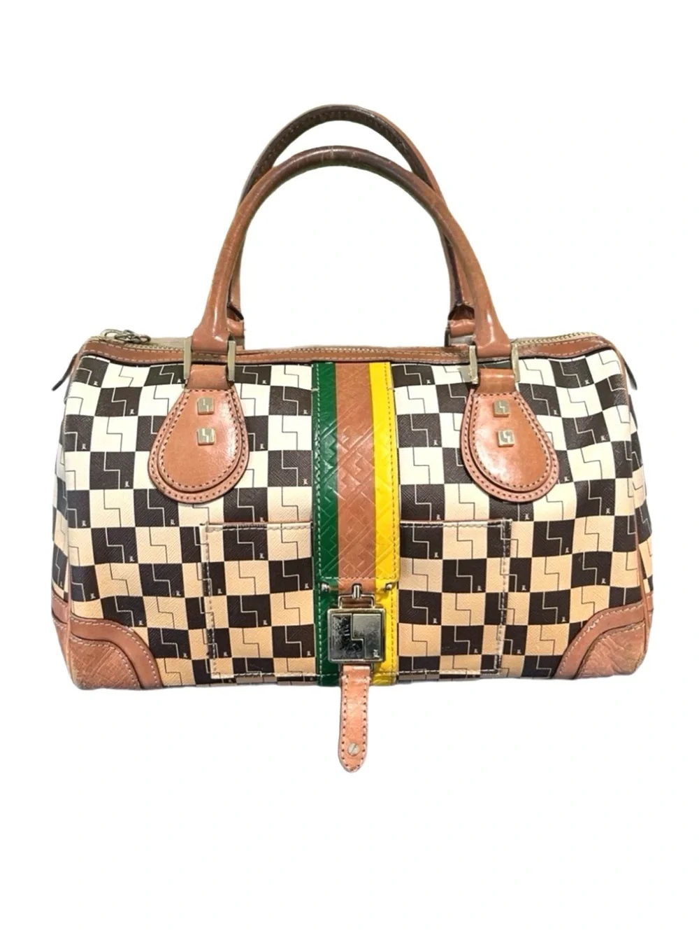 L.A.M.B. ~ Gwen Stefani Monogram Satchel Signature Print Brown Tan Leather - Picture 4 of 16